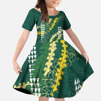 Hawaii Aloha Kakau Family Matching Off Shoulder Maxi Dress and Hawaiian Shirt Green Puakenikeni and Maile Lei Twist LT7 Daughter's Dress Green - Polynesian Pride