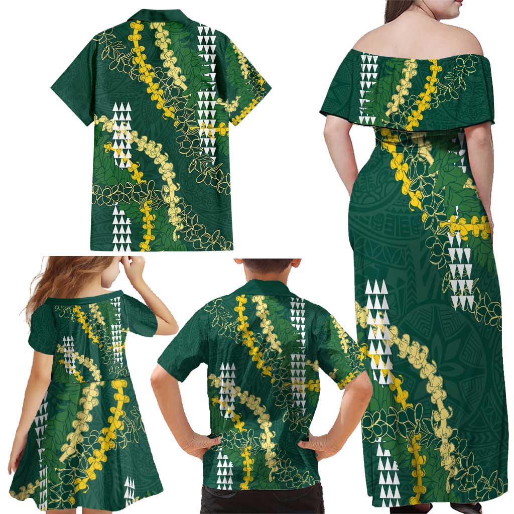 Hawaii Aloha Kakau Family Matching Off Shoulder Maxi Dress and Hawaiian Shirt Green Puakenikeni and Maile Lei Twist LT7 - Polynesian Pride
