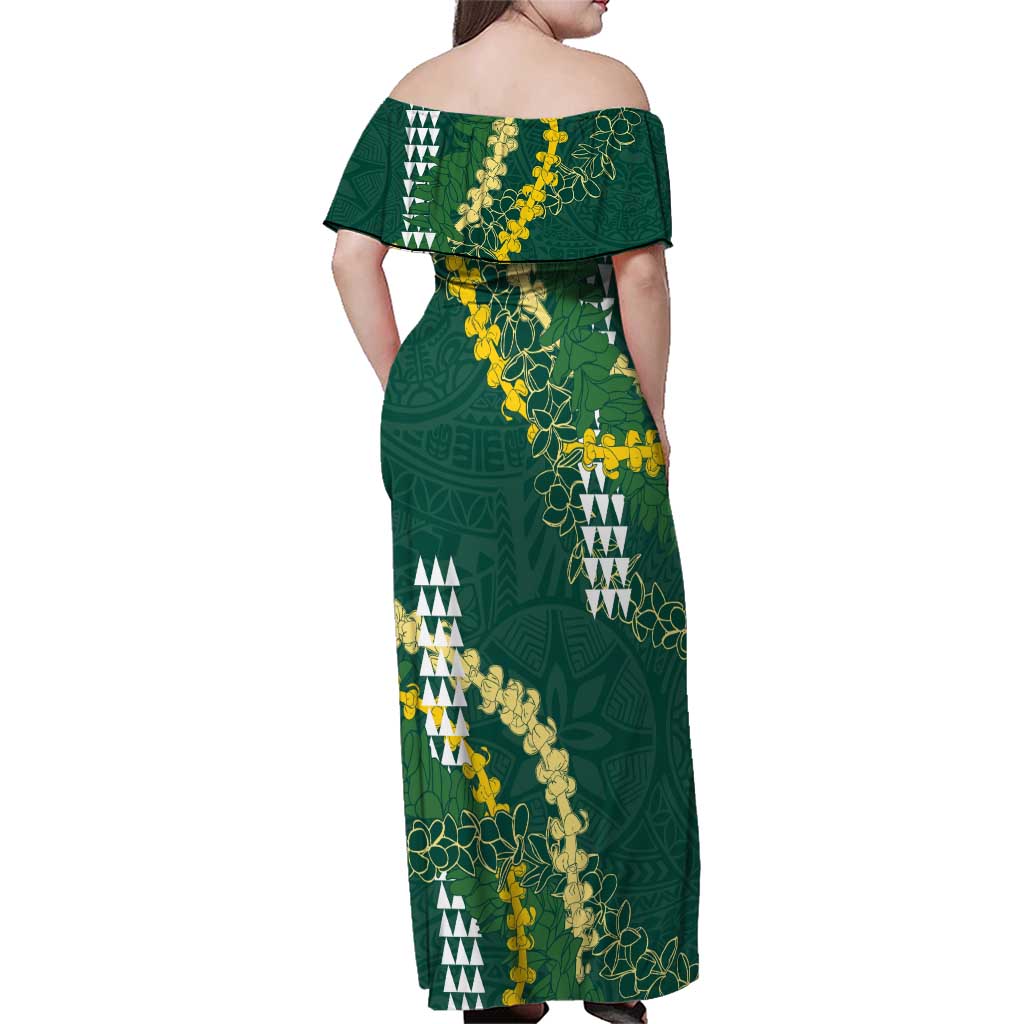 Hawaii Aloha Kakau Family Matching Off Shoulder Maxi Dress and Hawaiian Shirt Green Puakenikeni and Maile Lei Twist LT7 - Polynesian Pride