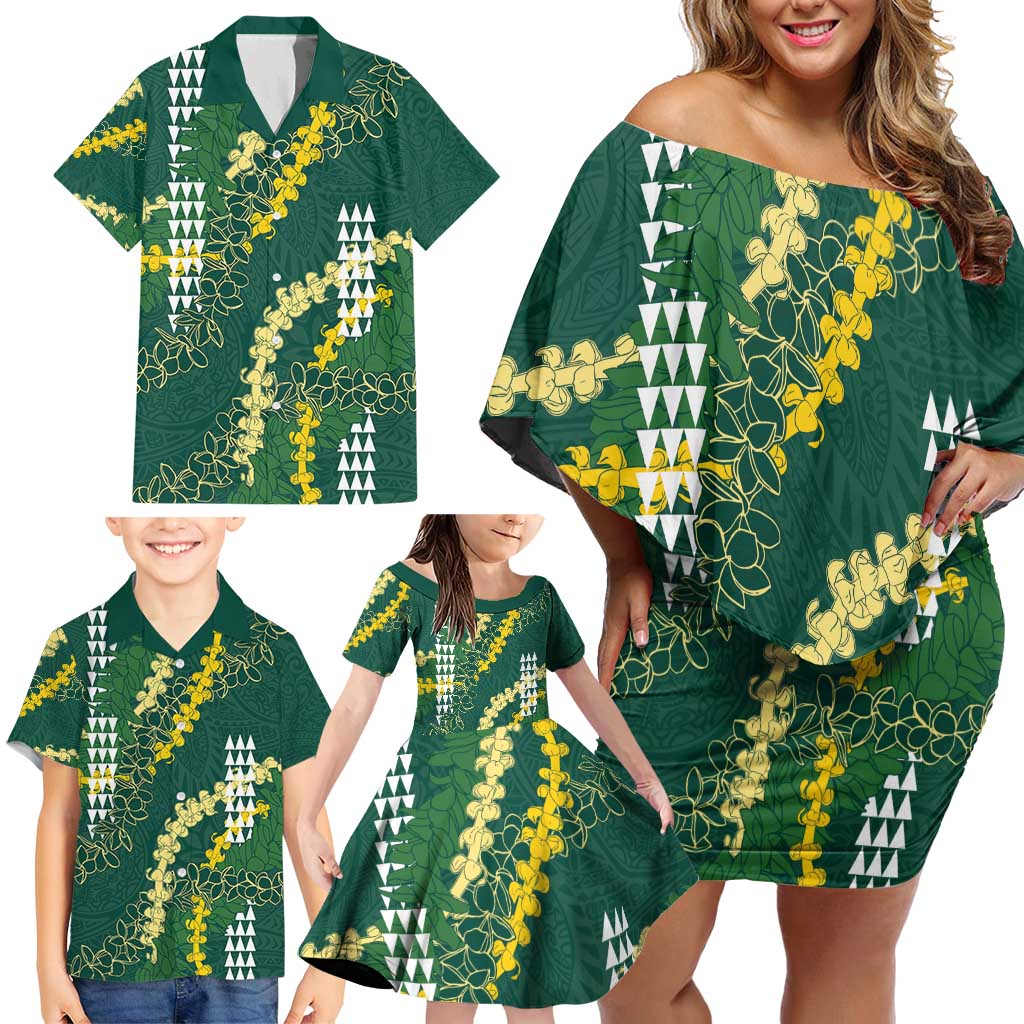 Hawaii Aloha Kakau Family Matching Off Shoulder Short Dress and Hawaiian Shirt Green Puakenikeni and Maile Lei Twist LT7 - Polynesian Pride