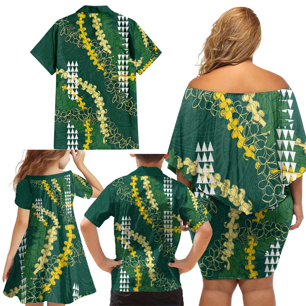 Hawaii Aloha Kakau Family Matching Off Shoulder Short Dress and Hawaiian Shirt Green Puakenikeni and Maile Lei Twist LT7 - Polynesian Pride