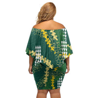 Hawaii Aloha Kakau Family Matching Off Shoulder Short Dress and Hawaiian Shirt Green Puakenikeni and Maile Lei Twist LT7 - Polynesian Pride