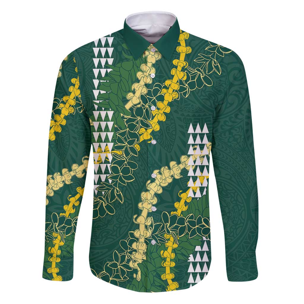 Hawaii Aloha Kakau Family Matching Puletasi and Hawaiian Shirt Green Puakenikeni and Maile Lei Twist LT7 Dad's Shirt - Long Sleeve Green - Polynesian Pride