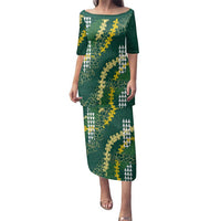 Hawaii Aloha Kakau Family Matching Puletasi and Hawaiian Shirt Green Puakenikeni and Maile Lei Twist LT7 Mom's Dress Green - Polynesian Pride