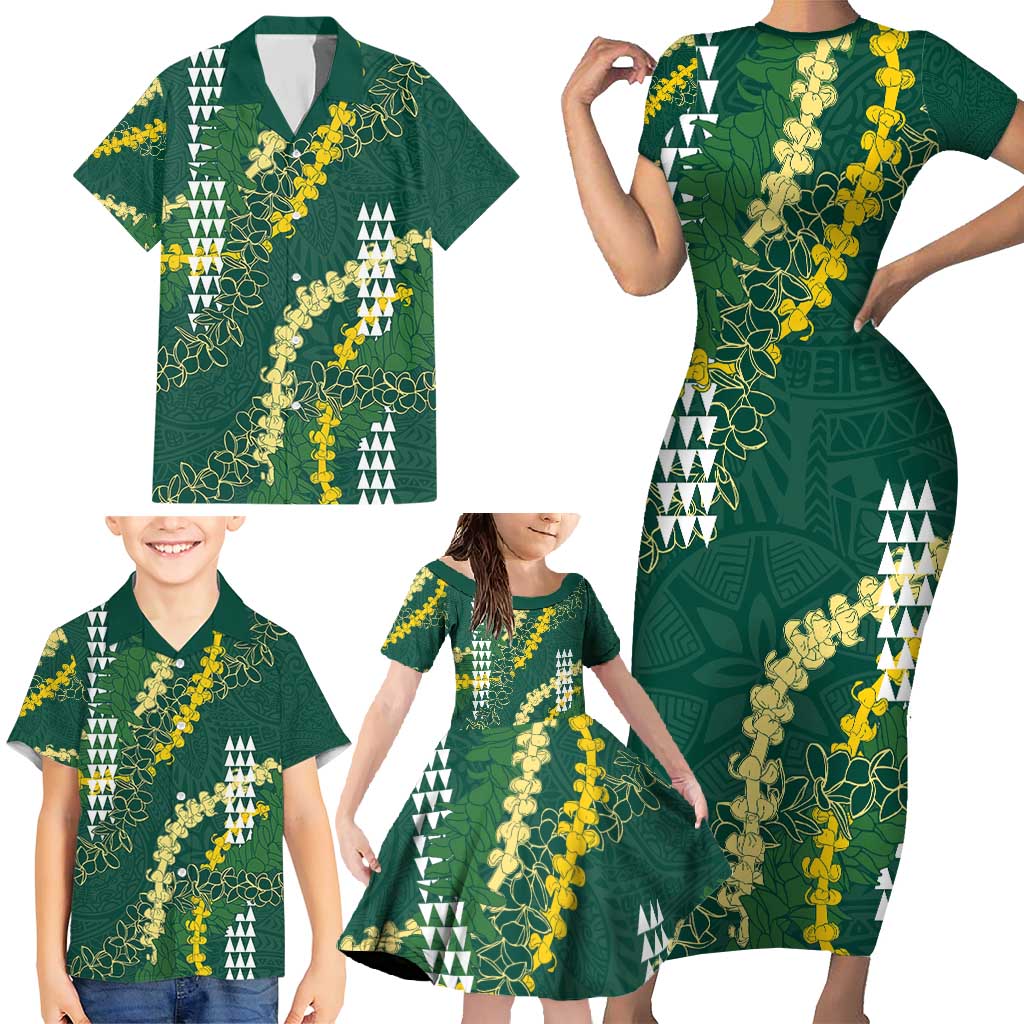 Hawaii Aloha Kakau Family Matching Short Sleeve Bodycon Dress and Hawaiian Shirt Green Puakenikeni and Maile Lei Twist LT7 - Polynesian Pride