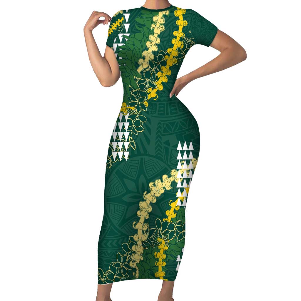 Hawaii Aloha Kakau Family Matching Short Sleeve Bodycon Dress and Hawaiian Shirt Green Puakenikeni and Maile Lei Twist LT7 Mom's Dress Green - Polynesian Pride