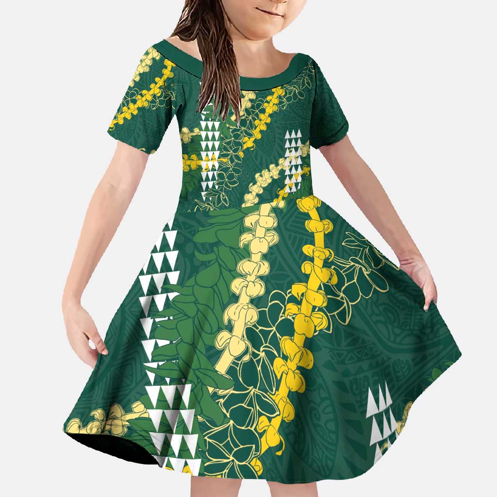 Hawaii Aloha Kakau Family Matching Summer Maxi Dress and Hawaiian Shirt Green Puakenikeni and Maile Lei Twist LT7 Daughter's Dress Green - Polynesian Pride