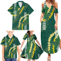 Hawaii Aloha Kakau Family Matching Summer Maxi Dress and Hawaiian Shirt Green Puakenikeni and Maile Lei Twist LT7 - Polynesian Pride