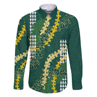 Hawaii Aloha Kakau Family Matching Summer Maxi Dress and Hawaiian Shirt Green Puakenikeni and Maile Lei Twist LT7 Dad's Shirt - Long Sleeve Green - Polynesian Pride