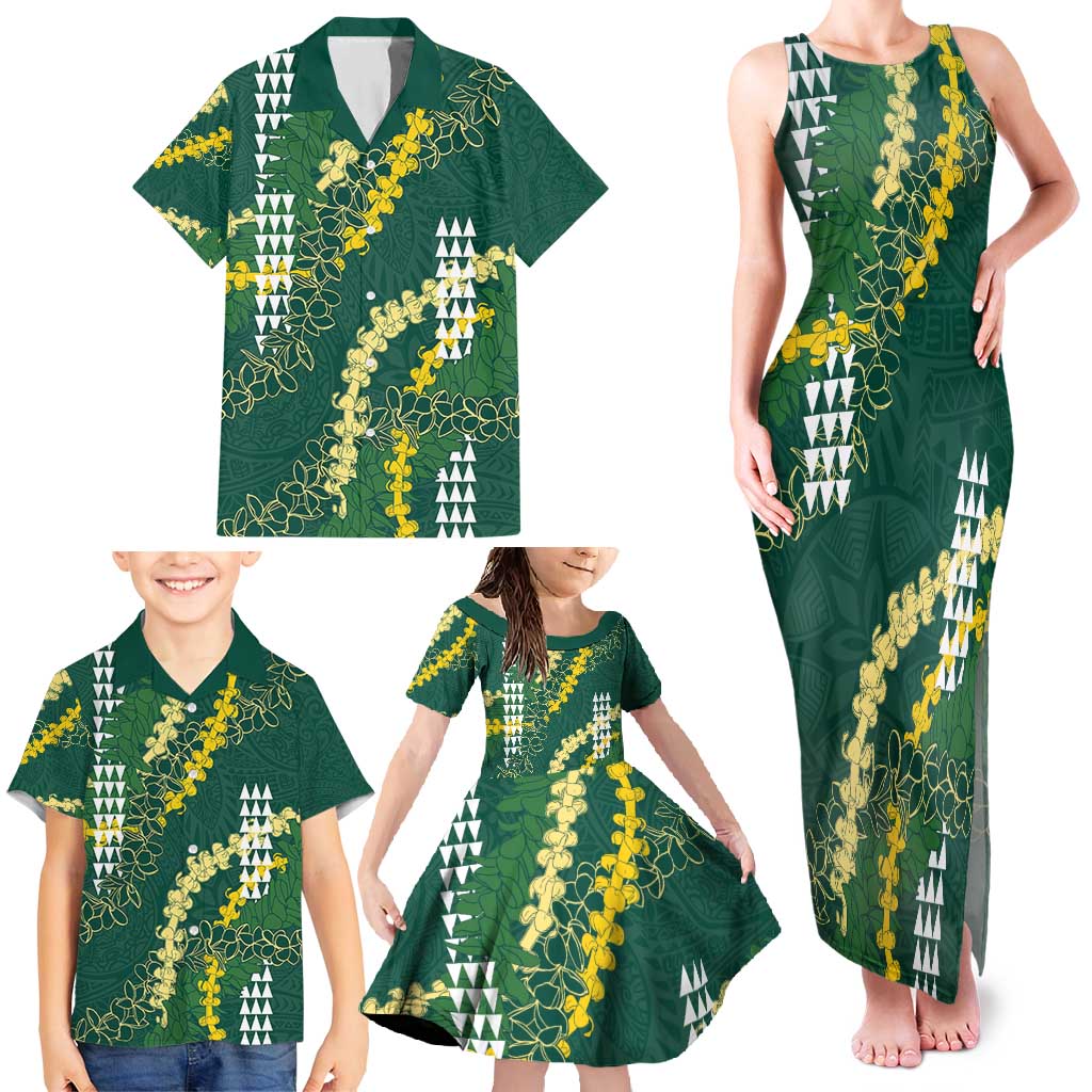 Hawaii Aloha Kakau Family Matching Tank Maxi Dress and Hawaiian Shirt Green Puakenikeni and Maile Lei Twist