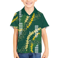 Hawaii Aloha Kakau Family Matching Tank Maxi Dress and Hawaiian Shirt Green Puakenikeni and Maile Lei Twist LT7 Son's Shirt Green - Polynesian Pride