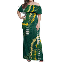 Hawaii Aloha Kakau Off Shoulder Maxi Dress Green Puakenikeni and Maile Lei Twist LT7 Women Green - Polynesian Pride