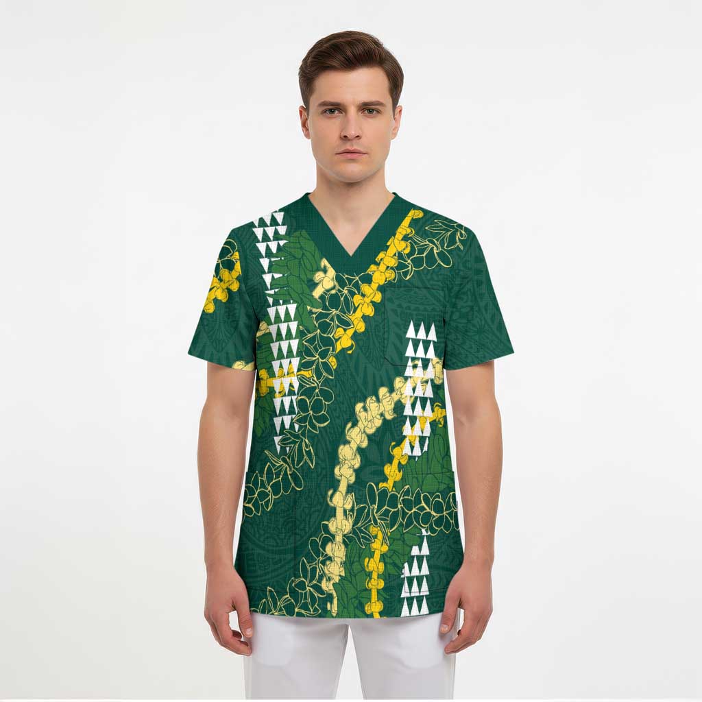 Hawaii Aloha Kakau Scrub Top Green Puakenikeni and Maile Lei Twist - Polynesian Pride