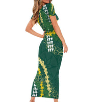 Hawaii Aloha Kakau Short Sleeve Bodycon Dress Green Puakenikeni and Maile Lei Twist