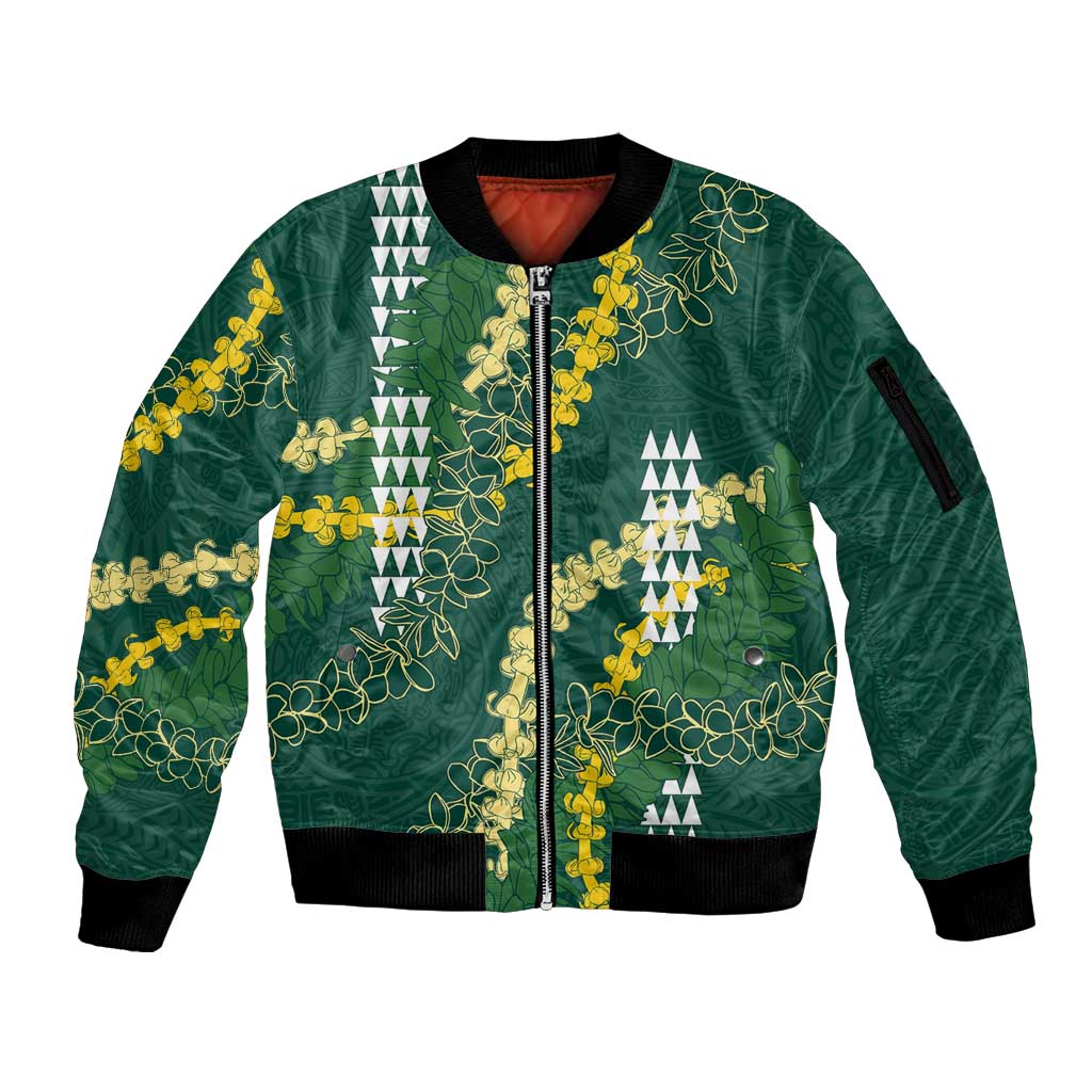 Hawaii Aloha Kakau Sleeve Zip Bomber Jacket Green Puakenikeni and Maile Lei Twist LT7 Unisex Green - Polynesian Pride