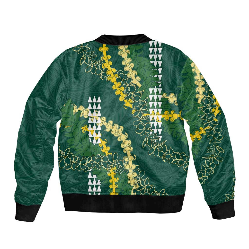 Hawaii Aloha Kakau Sleeve Zip Bomber Jacket Green Puakenikeni and Maile Lei Twist LT7 - Polynesian Pride