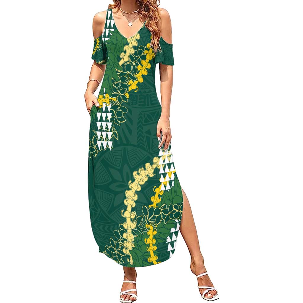 Hawaii Aloha Kakau Summer Maxi Dress Green Puakenikeni and Maile Lei Twist LT7 Women Green - Polynesian Pride