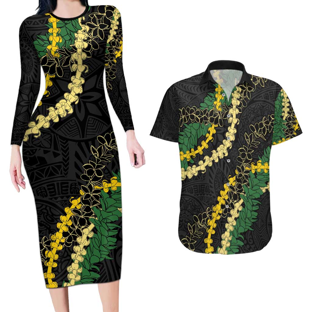 Hawaii Puakenikeni - Maile Lei Couples Matching Long Sleeve Bodycon Dress and Hawaiian Shirt Obsidian Black