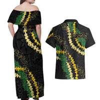 Hawaii Puakenikeni - Maile Lei Couples Matching Off Shoulder Maxi Dress and Hawaiian Shirt Obsidian Black