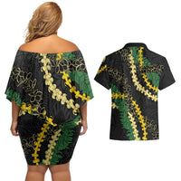 Hawaii Puakenikeni - Maile Lei Couples Matching Off Shoulder Short Dress and Hawaiian Shirt Obsidian Black LT7 - Polynesian Pride