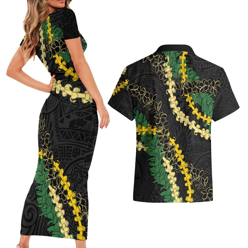 Hawaii Puakenikeni - Maile Lei Couples Matching Short Sleeve Bodycon Dress and Hawaiian Shirt Obsidian Black