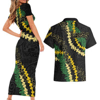 Hawaii Puakenikeni - Maile Lei Couples Matching Short Sleeve Bodycon Dress and Hawaiian Shirt Obsidian Black
