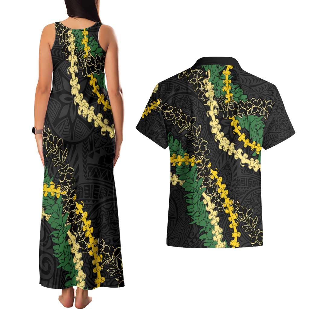 Hawaii Puakenikeni - Maile Lei Couples Matching Tank Maxi Dress and Hawaiian Shirt Obsidian Black