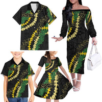 Hawaii Puakenikeni - Maile Lei Family Matching Off The Shoulder Long Sleeve Dress and Hawaiian Shirt Obsidian Black