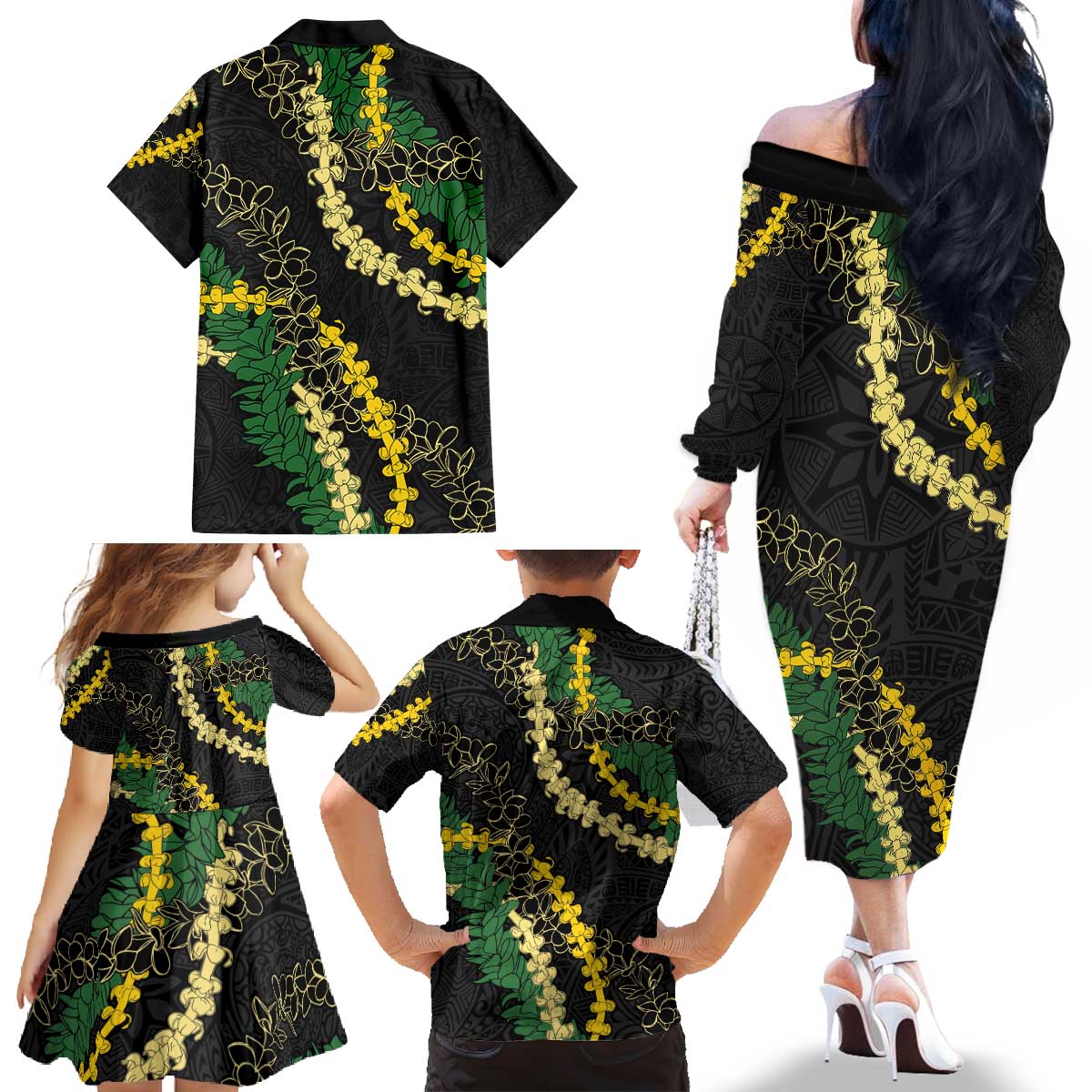 Hawaii Puakenikeni - Maile Lei Family Matching Off The Shoulder Long Sleeve Dress and Hawaiian Shirt Obsidian Black