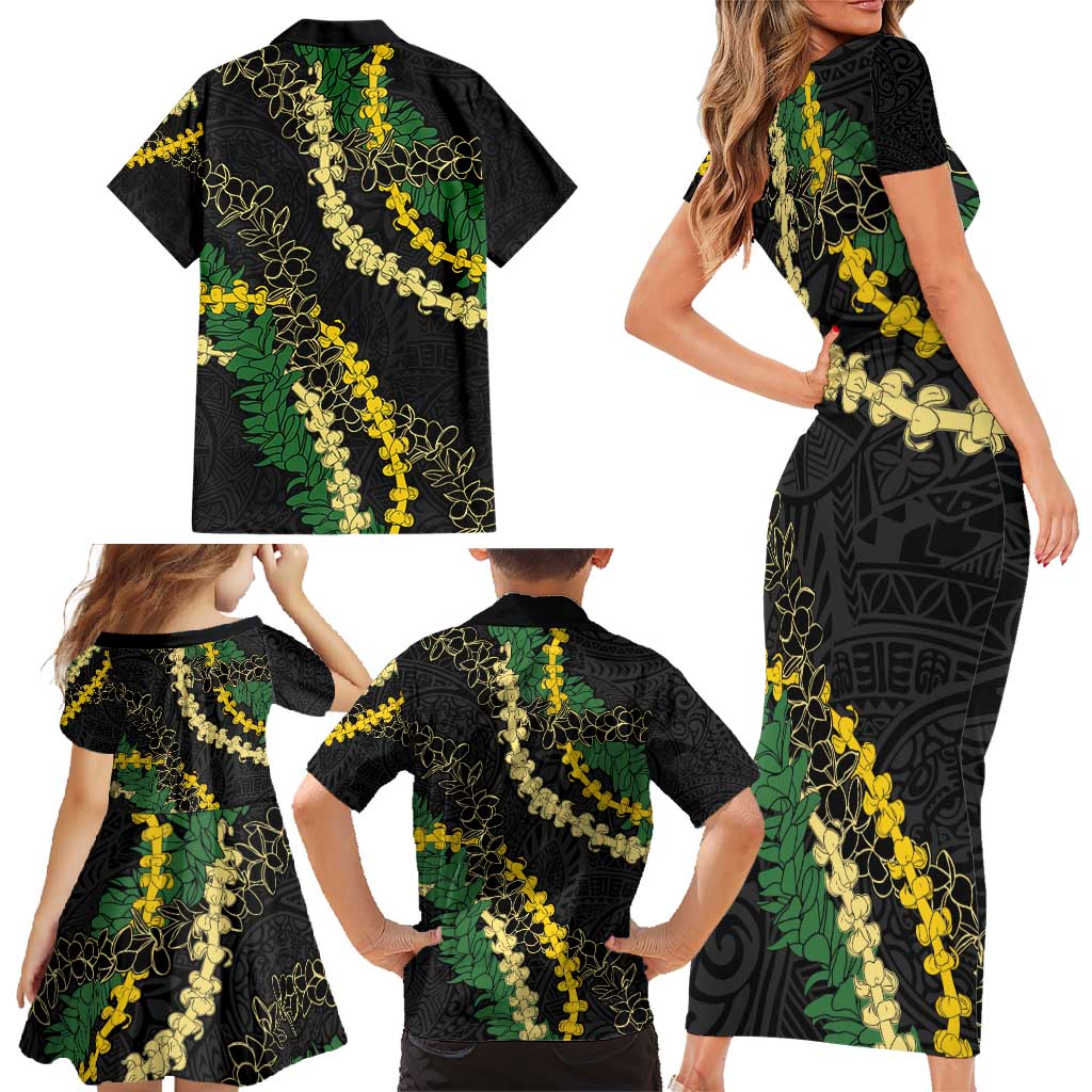 Hawaii Puakenikeni - Maile Lei Family Matching Short Sleeve Bodycon Dress and Hawaiian Shirt Obsidian Black
