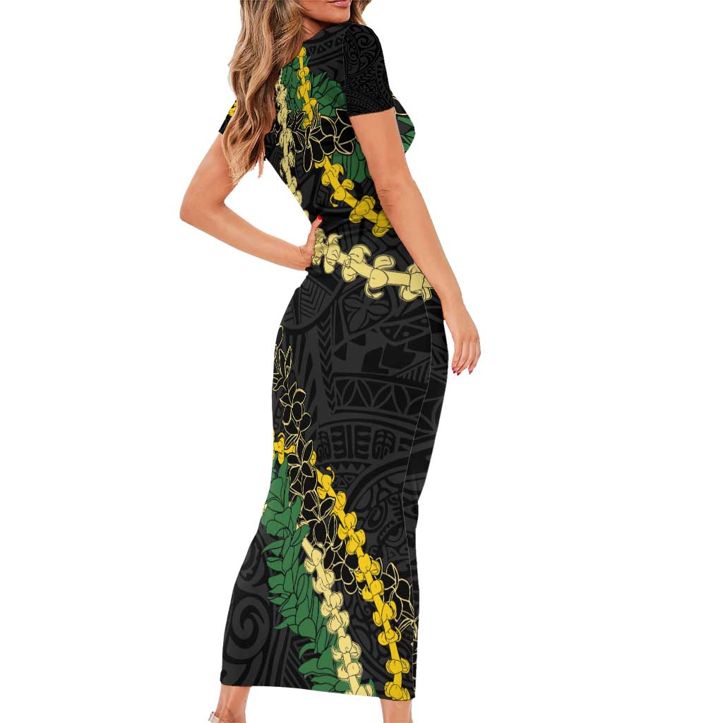 Hawaii Puakenikeni - Maile Lei Family Matching Short Sleeve Bodycon Dress and Hawaiian Shirt Obsidian Black