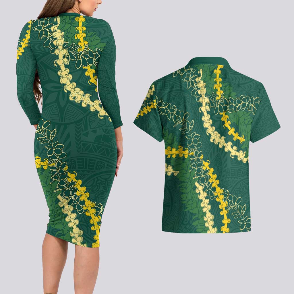 Hawaii Puakenikeni - Maile Lei Couples Matching Long Sleeve Bodycon Dress and Hawaiian Shirt Sage Green