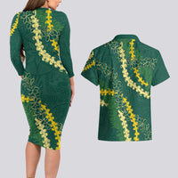 Hawaii Puakenikeni - Maile Lei Couples Matching Long Sleeve Bodycon Dress and Hawaiian Shirt Sage Green