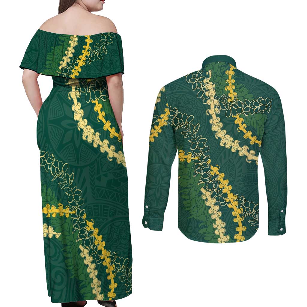 Hawaii Puakenikeni - Maile Lei Couples Matching Off Shoulder Maxi Dress and Long Sleeve Button Shirt Sage Green