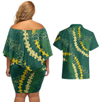 Hawaii Puakenikeni - Maile Lei Couples Matching Off Shoulder Short Dress and Hawaiian Shirt Sage Green