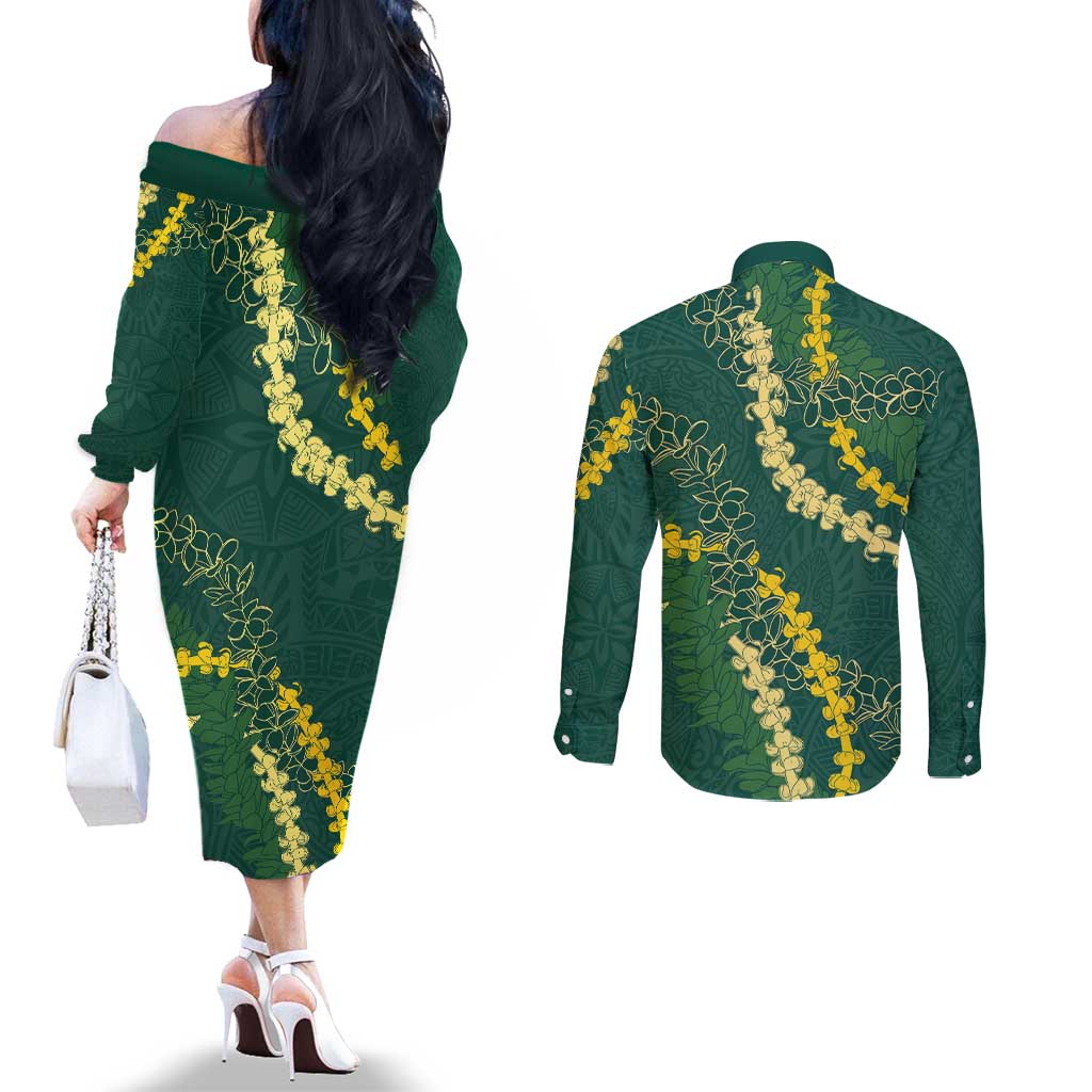 Hawaii Puakenikeni - Maile Lei Couples Matching Off The Shoulder Long Sleeve Dress and Long Sleeve Button Shirt Sage Green