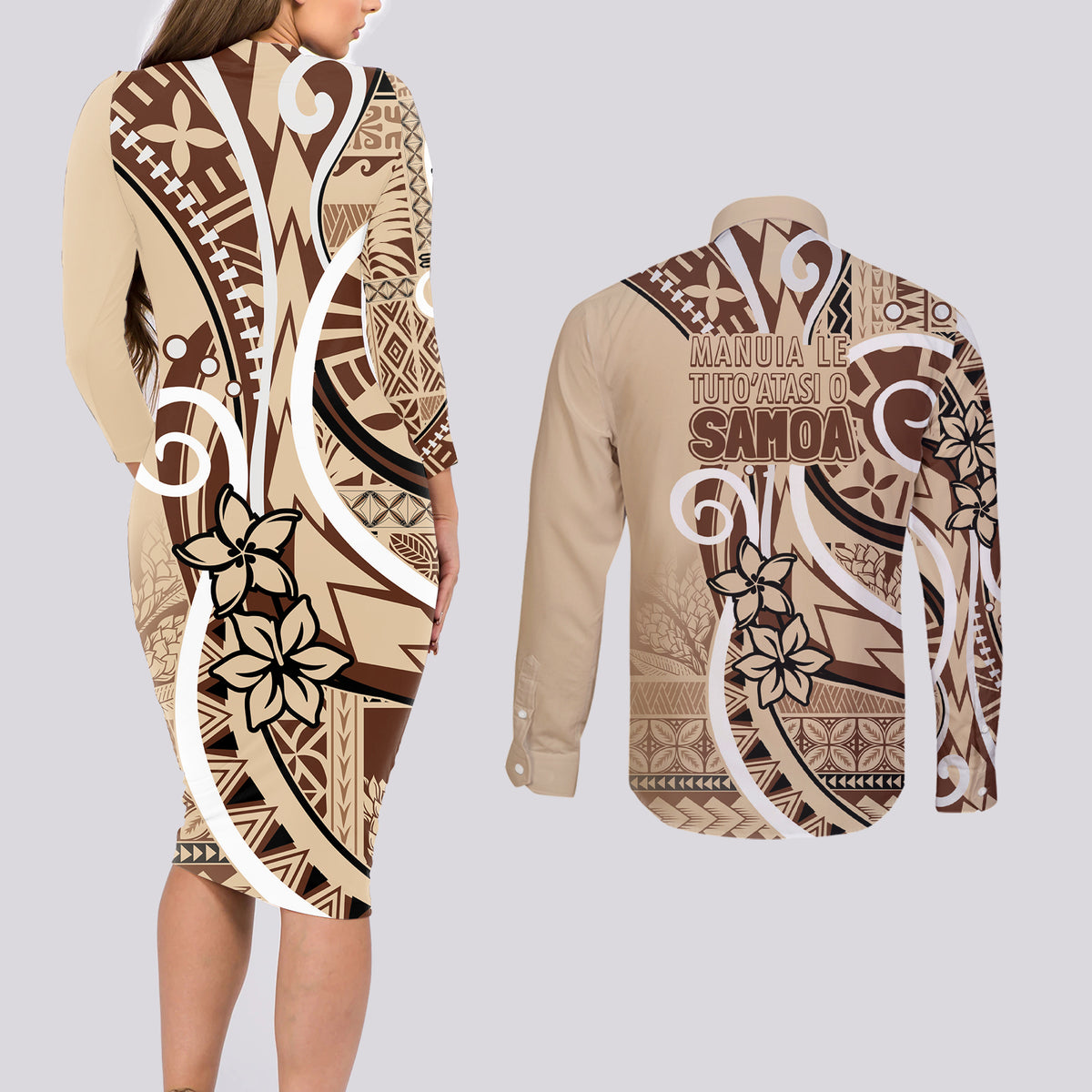 Samoa Siapo Classic Motif Couples Matching Long Sleeve Bodycon Dress and Long Sleeve Button Shirt Manuia le tuto’atasi o Samoa Independence