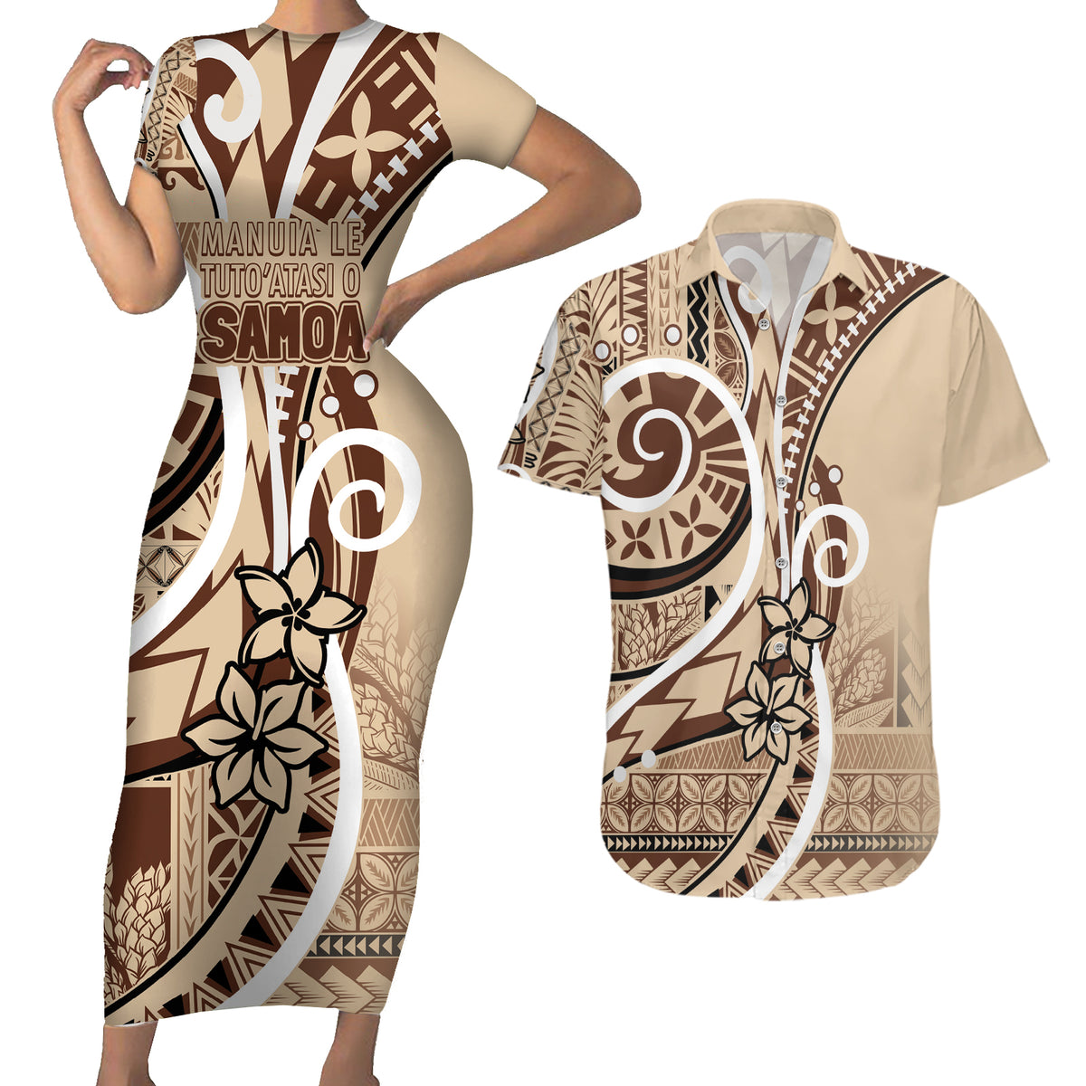 Samoa Siapo Classic Motif Couples Matching Short Sleeve Bodycon Dress and Hawaiian Shirt Manuia le tuto’atasi o Samoa Independence