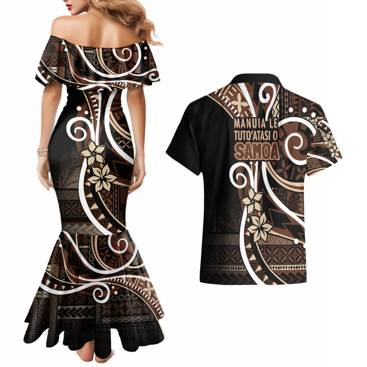 Samoa Siapo Classic Motif Couples Matching Mermaid Dress and Hawaiian Shirt Manuia le tuto’atasi o Samoa Independence Black Style