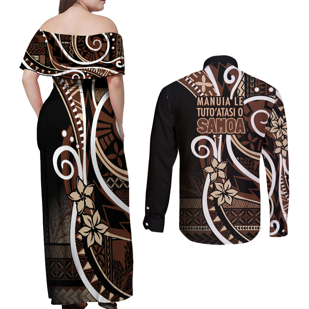 Samoa Siapo Classic Motif Couples Matching Off Shoulder Maxi Dress and Long Sleeve Button Shirt Manuia le tuto’atasi o Samoa Independence Black Style