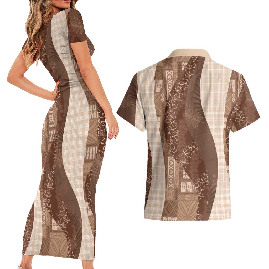Polynesian Tribal Pattern Patchwork Picturesque Couples Matching Short Sleeve Bodycon Dress and Hawaiian Shirt Mocha LT7 - Polynesian Pride