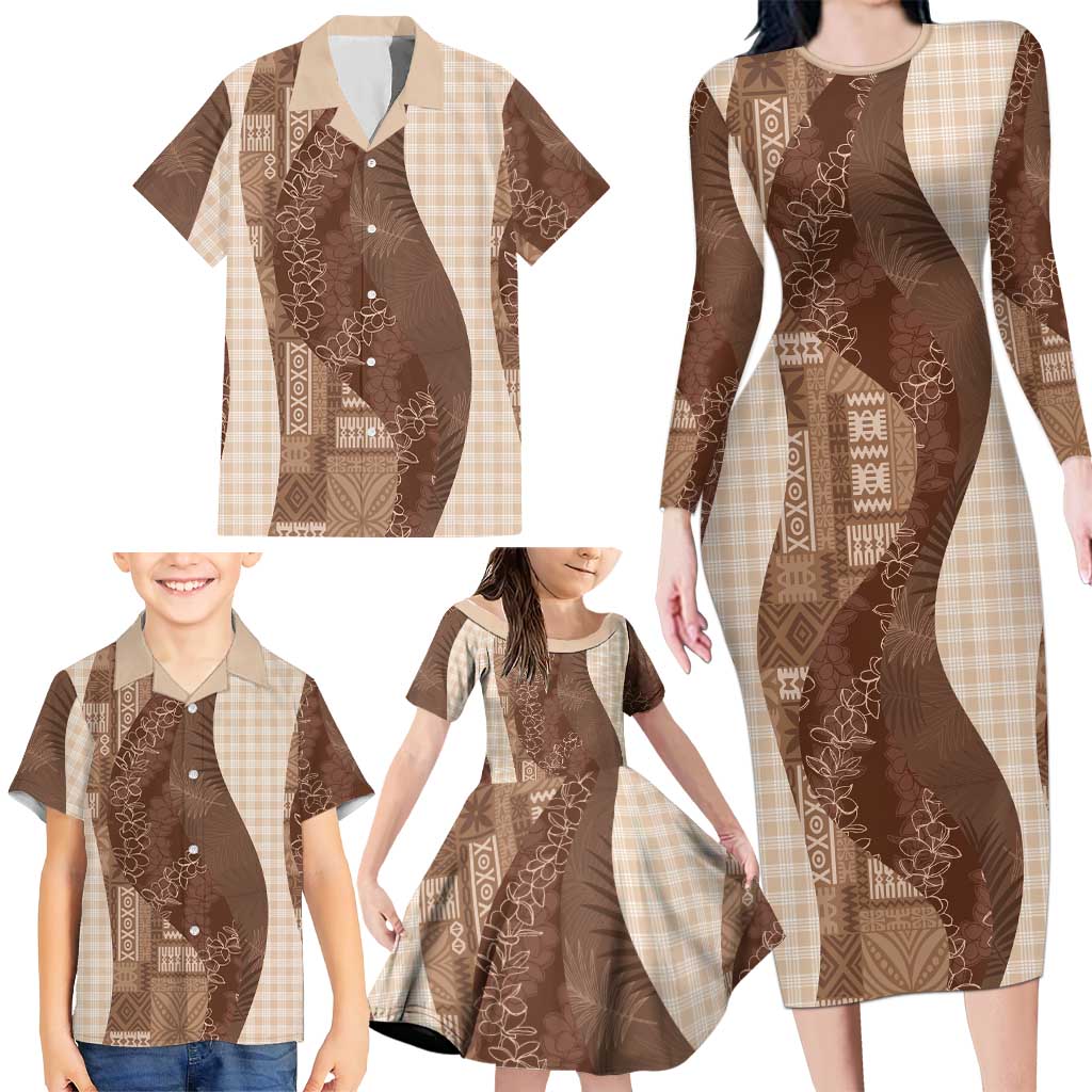 Polynesian Tribal Pattern Patchwork Picturesque Family Matching Long Sleeve Bodycon Dress and Hawaiian Shirt Mocha