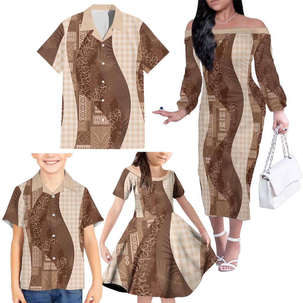 Polynesian Tribal Pattern Patchwork Picturesque Family Matching Off The Shoulder Long Sleeve Dress and Hawaiian Shirt Mocha