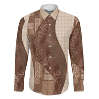 Polynesian Tribal Pattern Patchwork Picturesque Family Matching Off Shoulder Short Dress and Hawaiian Shirt Mocha LT7 Dad's Shirt - Long Sleeve Mocha - Polynesian Pride