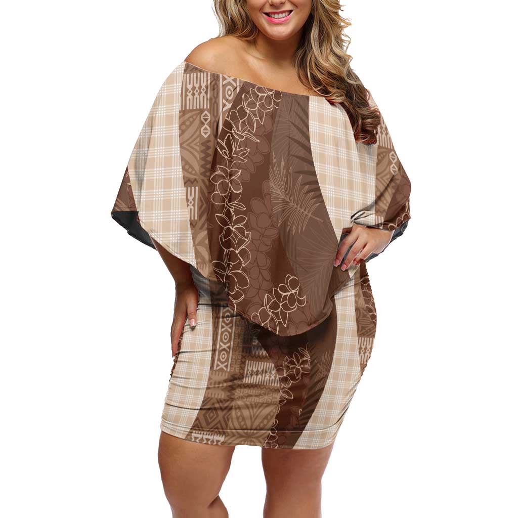 Polynesian Tribal Pattern Patchwork Picturesque Family Matching Off Shoulder Short Dress and Hawaiian Shirt Mocha LT7 Mom's Dress Mocha - Polynesian Pride