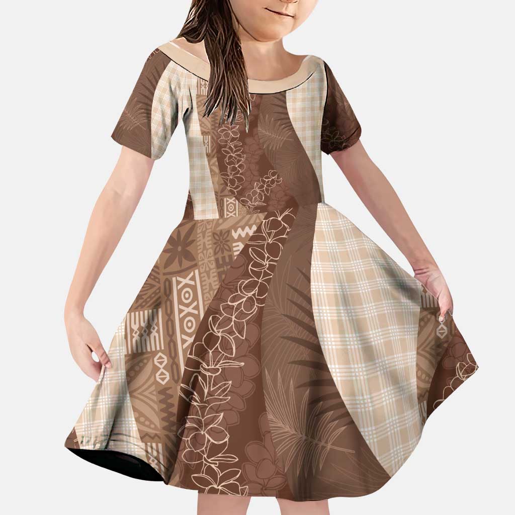 Polynesian Tribal Pattern Patchwork Picturesque Family Matching Summer Maxi Dress and Hawaiian Shirt Mocha LT7 Daughter's Dress Mocha - Polynesian Pride