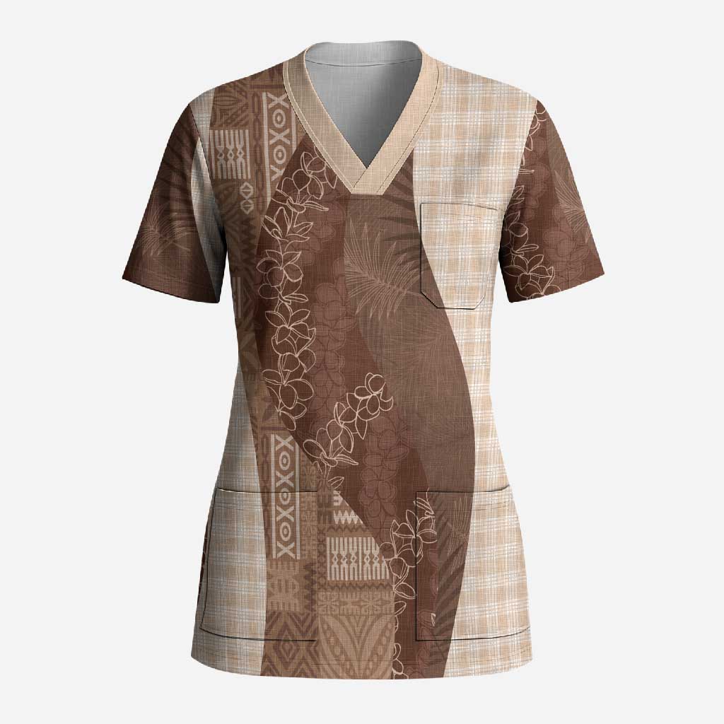 Polynesian Tribal Pattern Patchwork Picturesque Scrub Top Mocha LT7 Adult Mocha - Polynesian Pride
