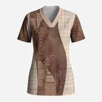Polynesian Tribal Pattern Patchwork Picturesque Scrub Top Mocha LT7 Adult Mocha - Polynesian Pride