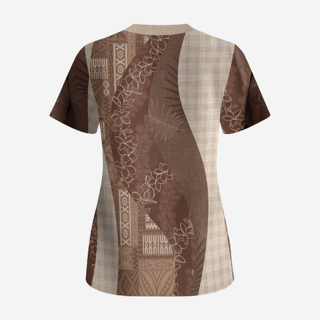 Polynesian Tribal Pattern Patchwork Picturesque Scrub Top Mocha LT7 - Polynesian Pride