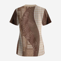 Polynesian Tribal Pattern Patchwork Picturesque Scrub Top Mocha LT7 - Polynesian Pride